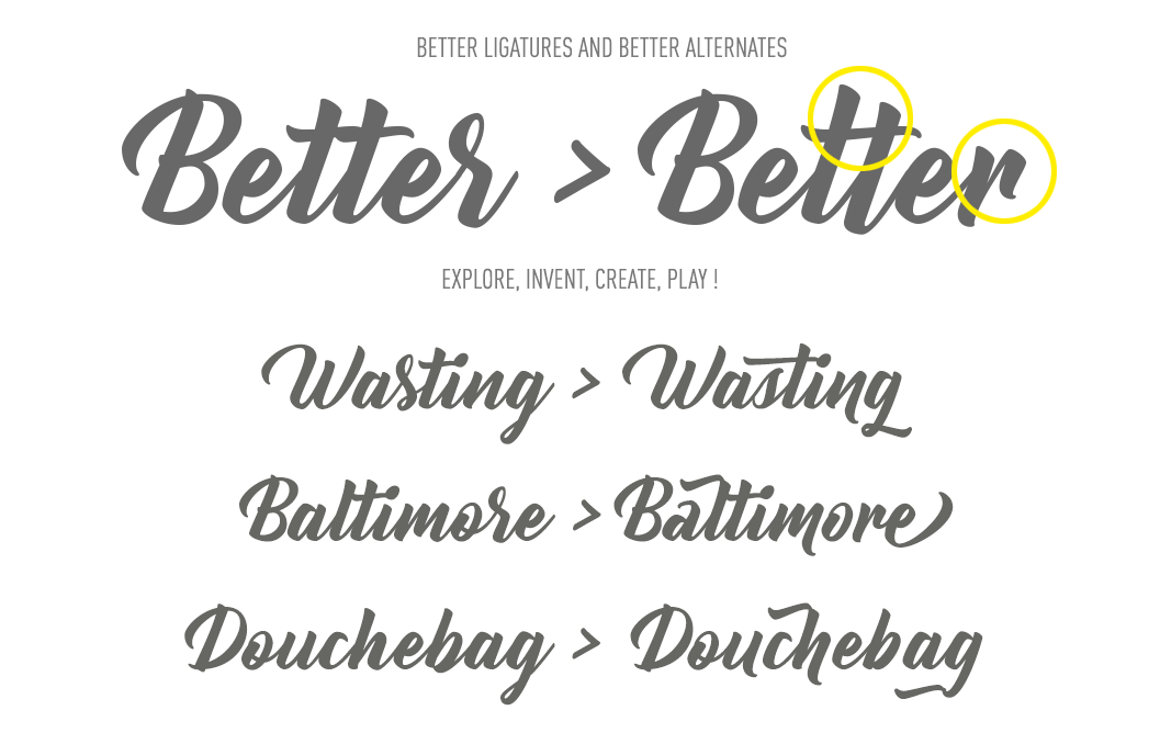 Contextual ligatures and alternate letters.