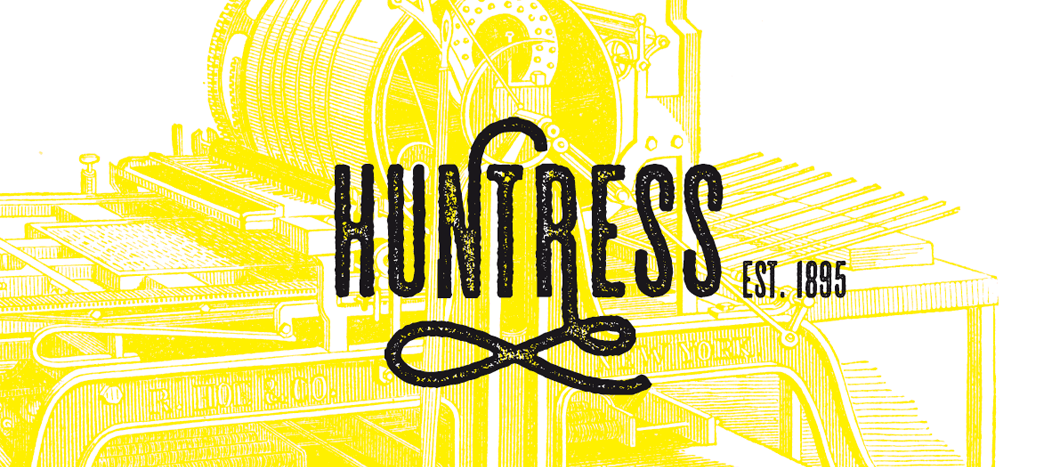 Huntress is a condensed alphabet with a letterpress style and a few swashes on uppercase letters.