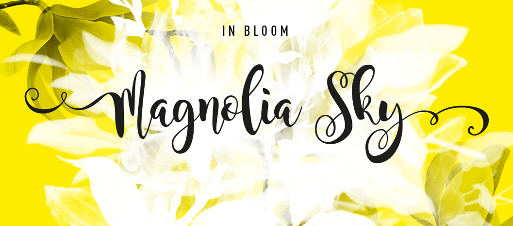 Magnolia Sky is a smooth script font from a smooth brush pen.
The full commercial version is provided with a set of alternate glyphes and ligatures.